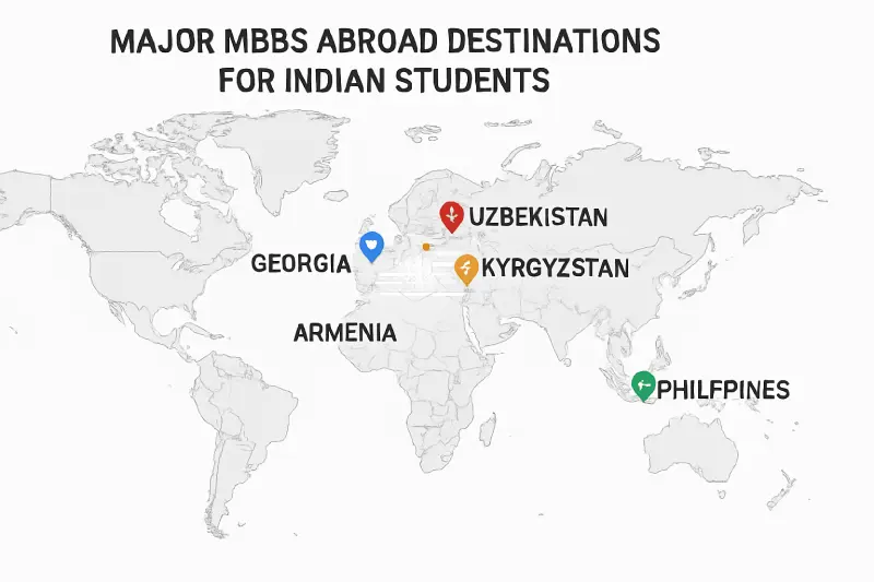 Map showcasing popular MBBS abroad destinations for Indian students, illustrating various countries and their educational advantages.