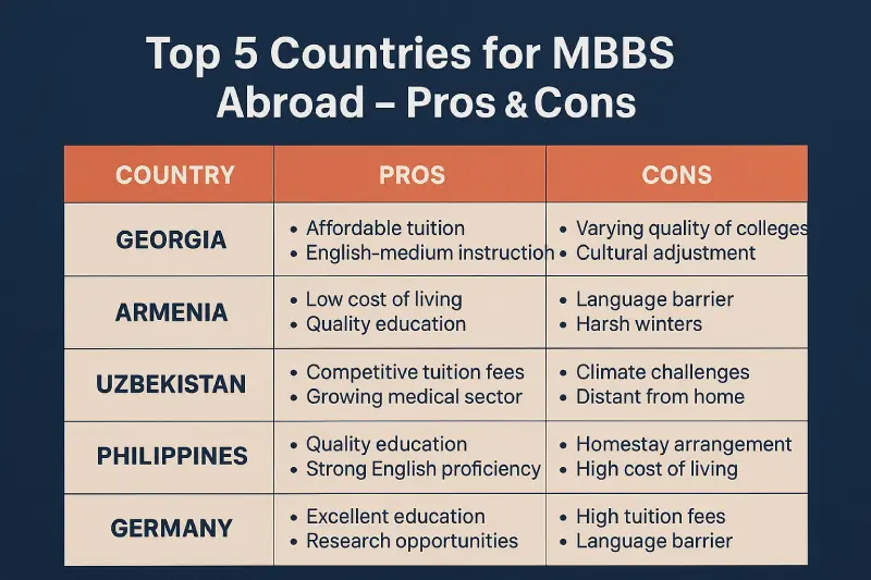 Top countries for MBBS abroad with pros and cons for Indian students.