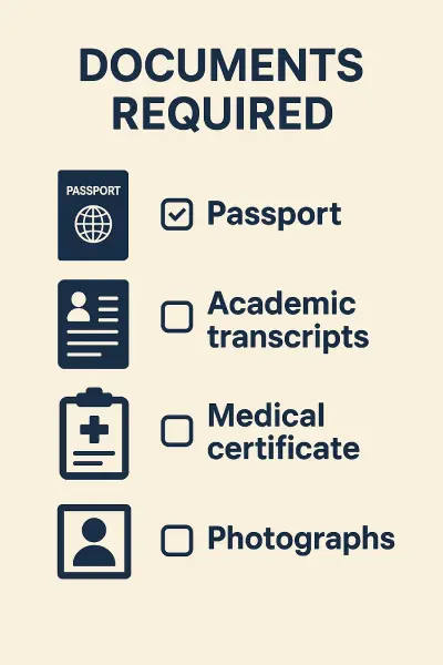 Infographic showing a checklist with icons for passport, academic transcripts, medical certificate, and photographs required for MBBS abroad admission.