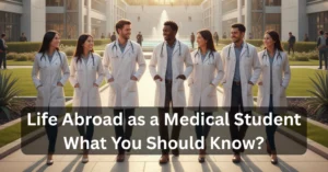 Diverse group of international medical students in white coats walking across a university campus abroad during sunrise.