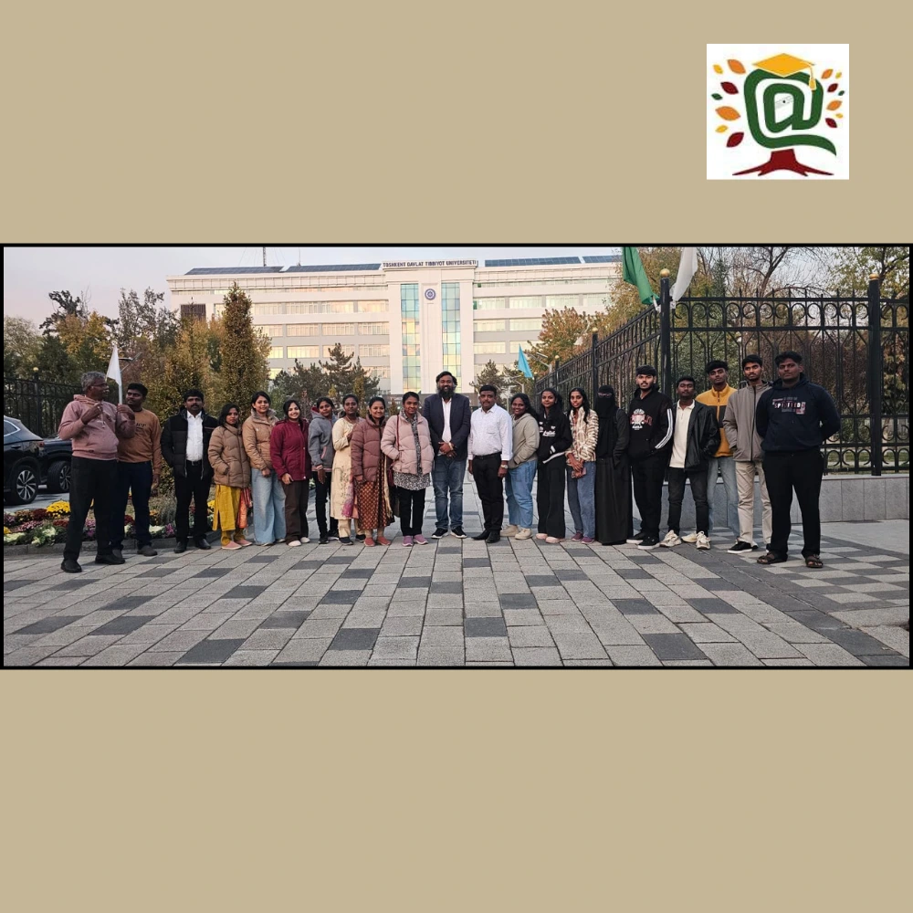 Indian MBBS students standing together in front of Uzbekistan medical university campus supported by Annamalayar Educational Trust