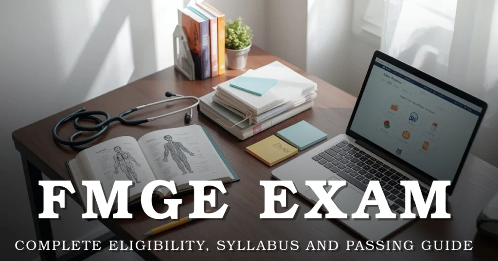 FMGE exam study table with medical books for Annamalayar Educational Trust