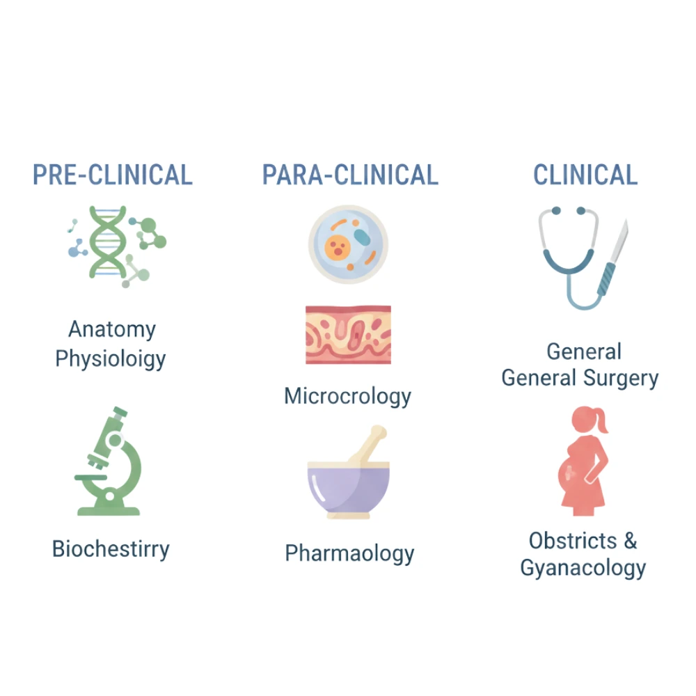 FMGE exam syllabus subjects grouped in three sections for Annamalayar Educational Trust