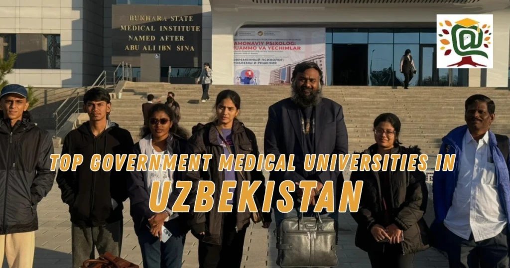 Indian students standing in front of a government medical university campus during MBBS in Uzbekistan