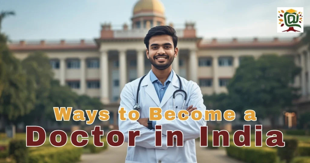 Indian NEET aspirant in white coat standing confidently in front of a medical college campus while preparing to Become a Doctor in India