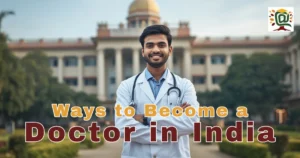 Indian NEET aspirant in white coat standing confidently in front of a medical college campus while preparing to Become a Doctor in India