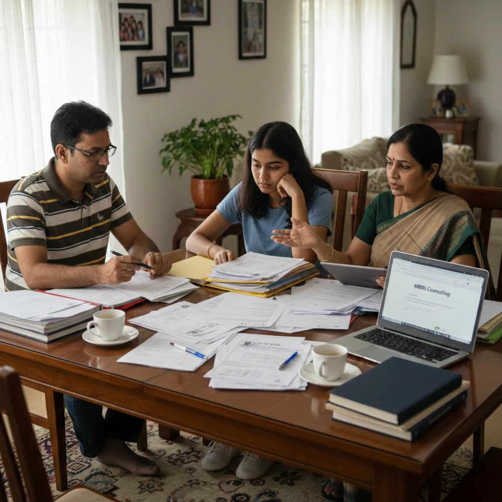 Parents and NEET student discussing counseling plan to Secure an MBBS Seat with Annamalayar Education Trust guidance