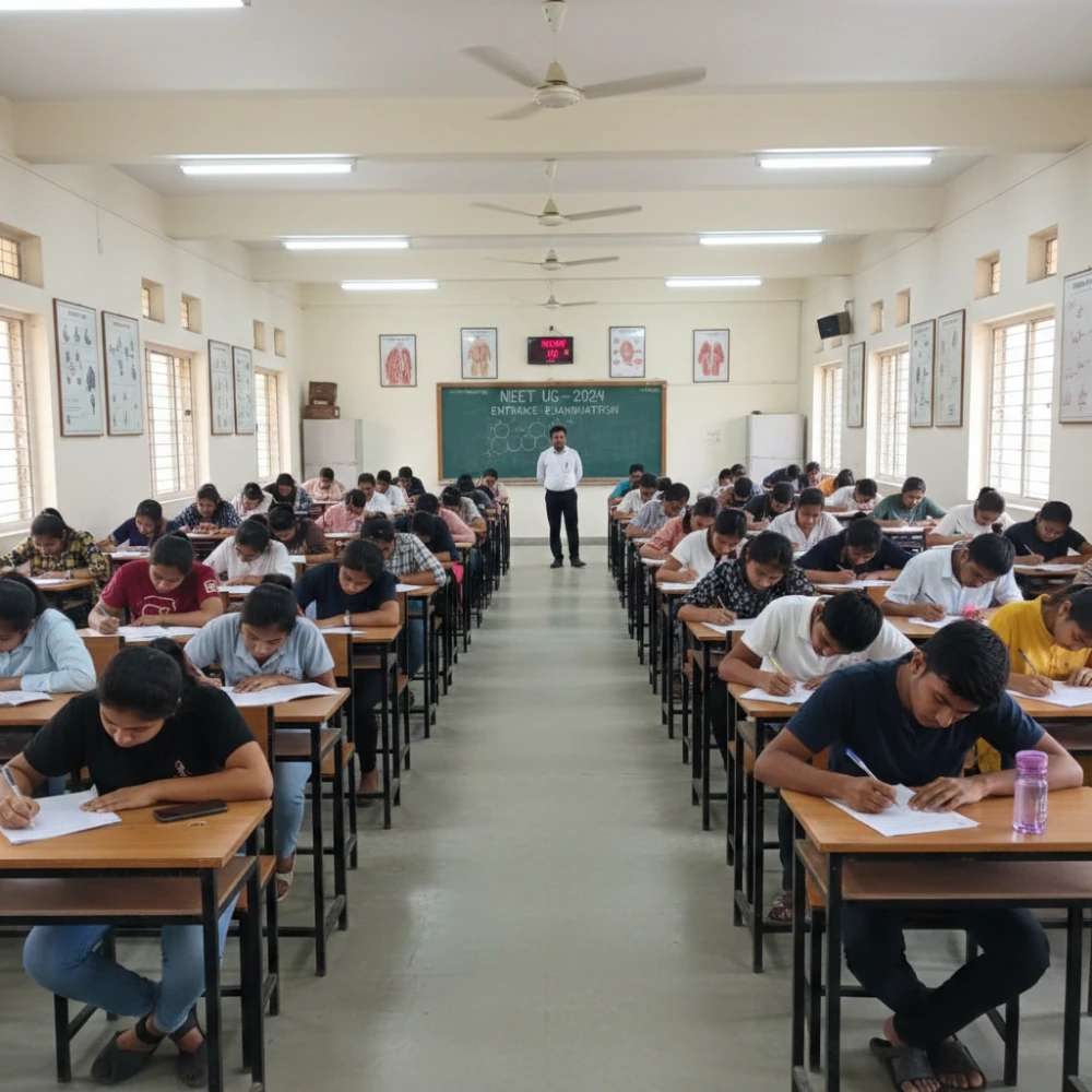 Students writing the NEET exam in an examination hall as part of their journey to Become a Doctor in India
