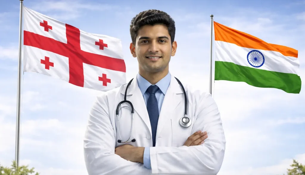 Doctor between India and Georgia flags comparison concept