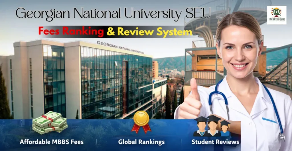 Georgian National University SEU campus in Tbilisi with a female medical student in lab coat holding a book, MBBS study abroad in Georgia