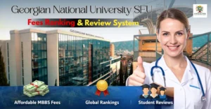 Georgian National University SEU campus in Tbilisi with a female medical student in lab coat holding a book, MBBS study abroad in Georgia