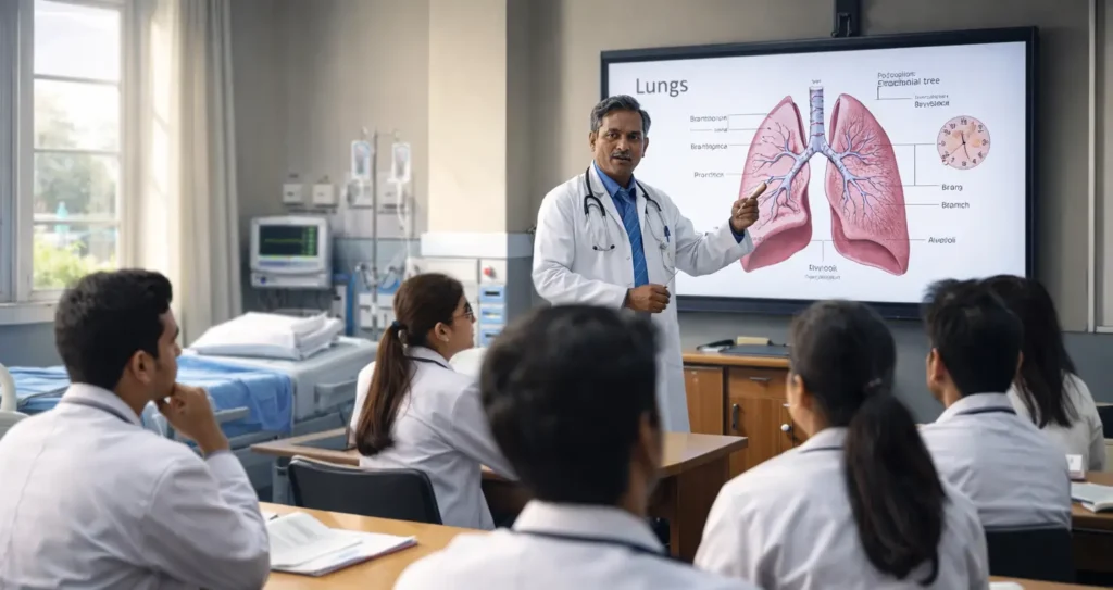Medical professor teaching lungs to students in classroom