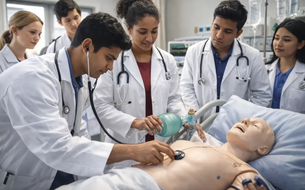 Medical students practicing clinical skills on mannequin