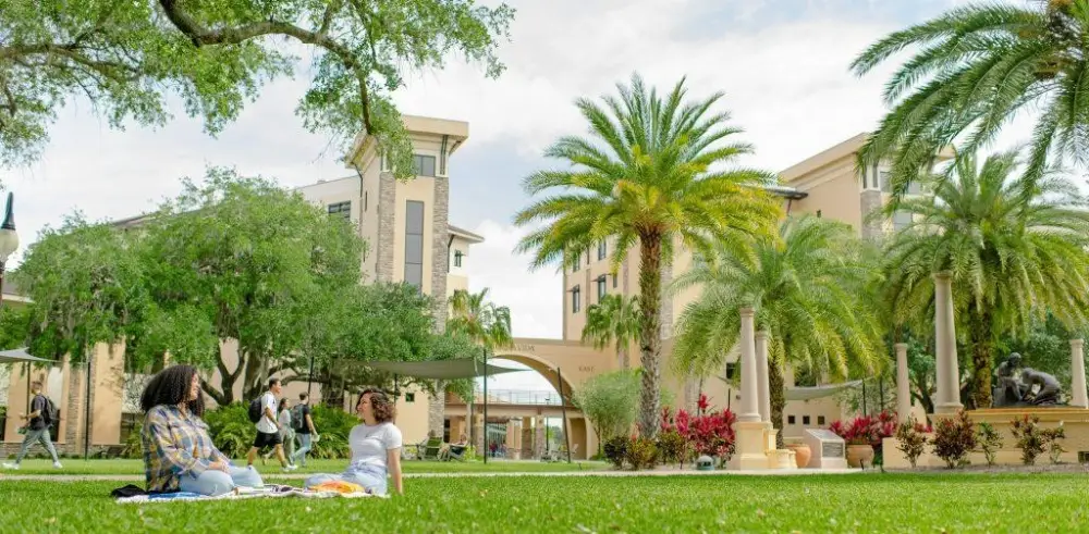 University campus in Tbilisi with students relaxing on green lawn surrounded by palm trees and modern academic buildings