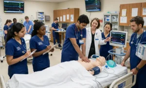 MBBS students practicing clinical training in a medical simulation lab at SEU Georgian National University in Georgia