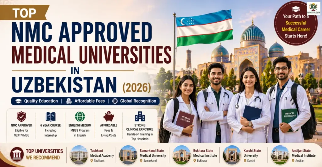 NMC approved medical universities in Uzbekistan banner with MBBS students