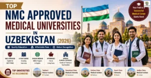 NMC approved medical universities in Uzbekistan banner with MBBS students