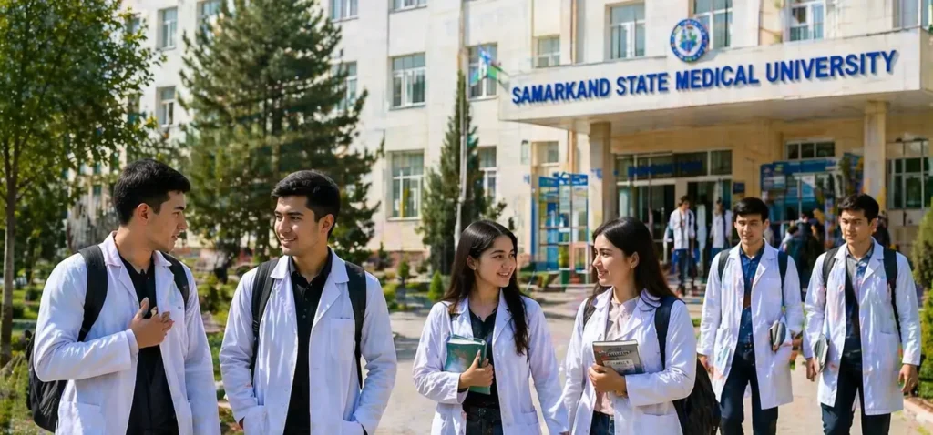 MBBS in Uzbekistan medical university campus with international students in white coats studying abroad