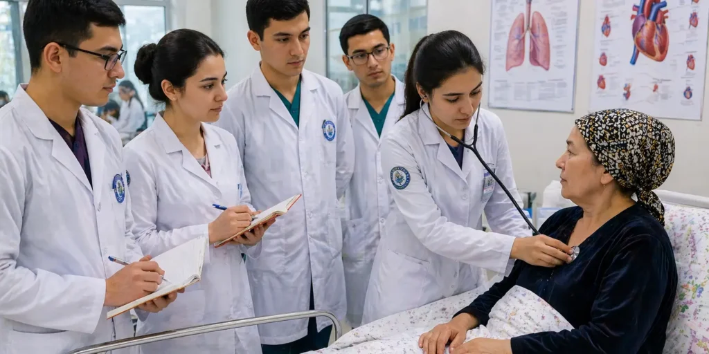 Medical students clinical training in Uzbekistan hospital with patient interaction for MBBS abroad program
