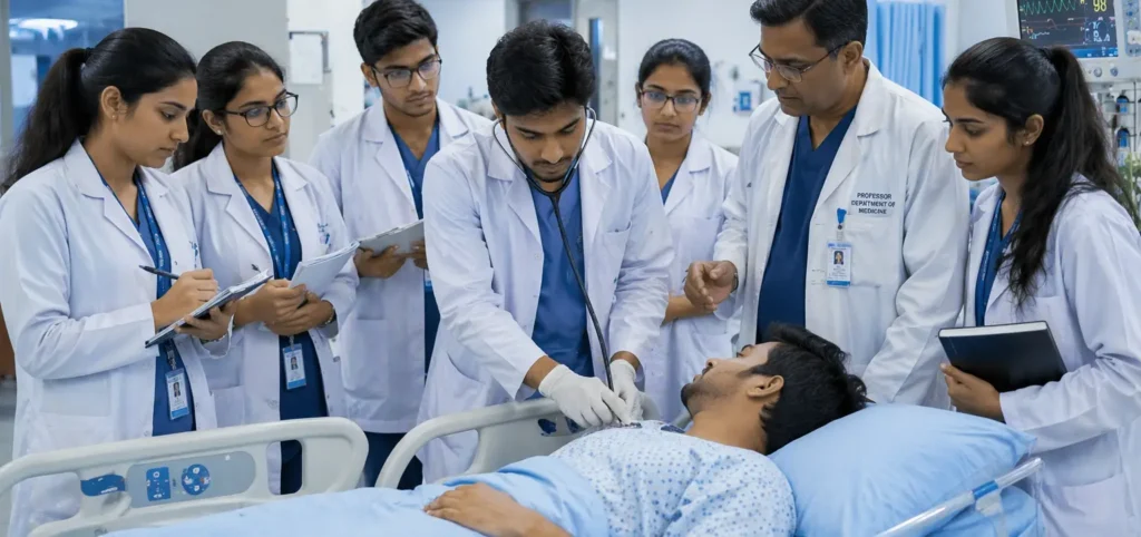 Medical students practicing clinical training in a hospital under doctor supervision abroad