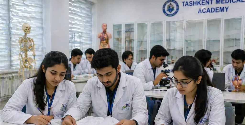 Indian students studying MBBS in Uzbekistan classroom with modern lab and practical learning environment