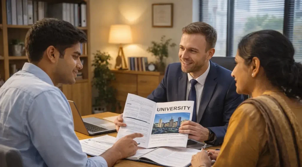 Education counselor guiding Indian student and parent for MBBS abroad admission process