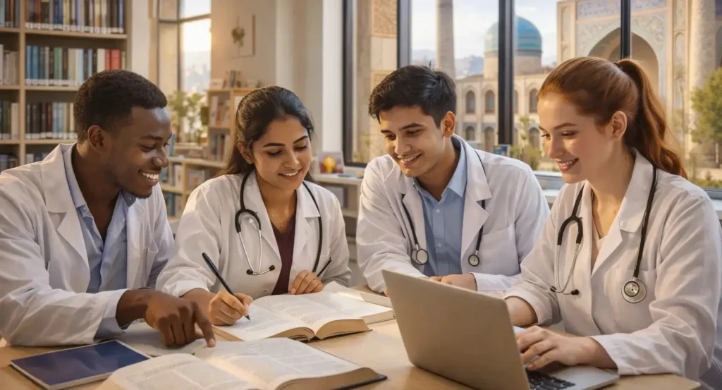 Medical students studying in a university library in Uzbekistan with modern learning environment