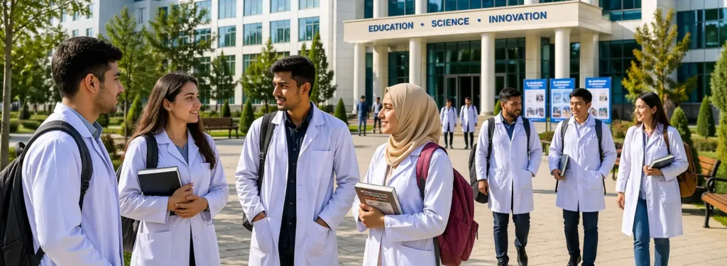 Affordable MBBS in Uzbekistan campus with students walking in daylight at medical university