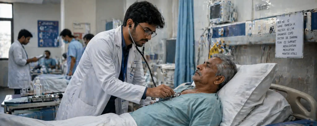 Medical intern checking patient with stethoscope in Indian hospital clinical training MBBS