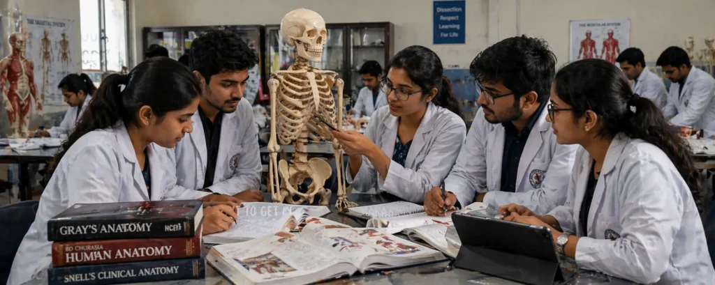 MBBS students studying anatomy with skeleton model in medical college lab group discussion India