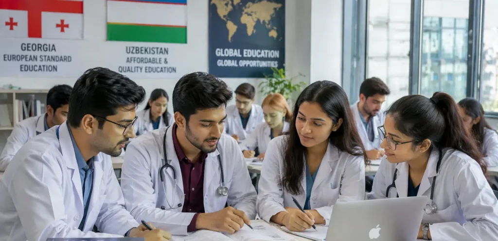 Indian medical students studying in an international university classroom with modern facilities