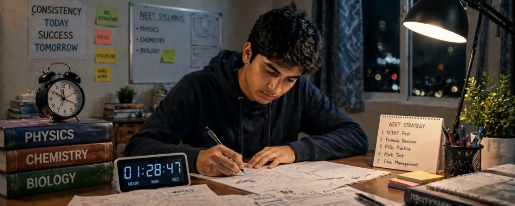 Indian student preparing for NEET exam with physics chemistry biology books and clock showing time pressure