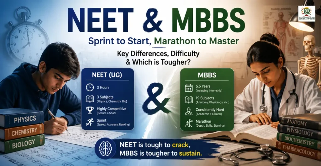 NEET vs MBBS difference and difficulty comparison showing student exam preparation and medical study clinical training India