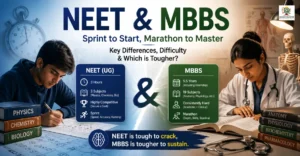 NEET vs MBBS difference and difficulty comparison showing student exam preparation and medical study clinical training India
