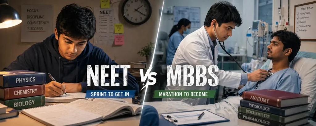 Difference between NEET and MBBS showing Indian student preparing for exam and doctor performing clinical training