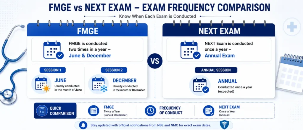 FMGE vs NExT exam visual guide comparing exam pattern and career route
