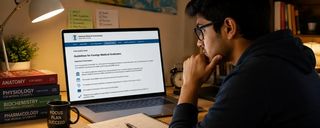 Student reading NMC guidelines online to understand MBBS Abroad Requirements