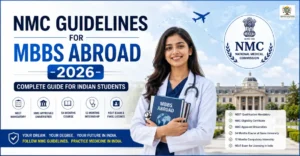 NMC Guidelines for MBBS Abroad 2026 complete guide banner with Indian medical student and NMC-approved university information.