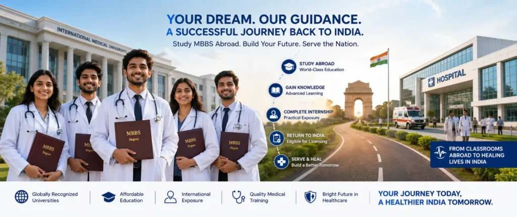 MBBS abroad graduates highlighting the NEET Requirement for MBBS Abroad and medical career opportunities.