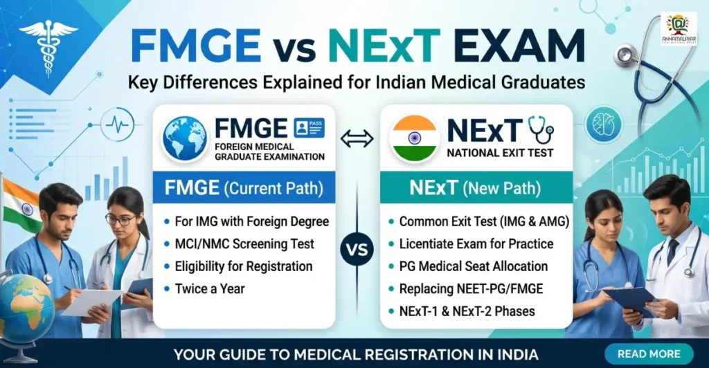 FMGE vs NExT Exam detailing the key differences, eligibility criteria, and exam structures for Indian Medical Graduates.