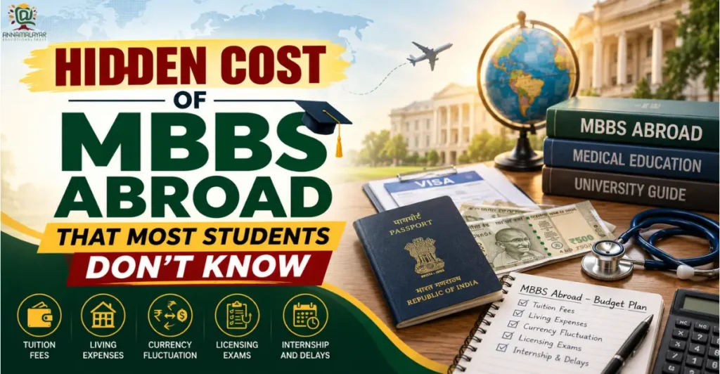 Hidden Cost of MBBS Abroad That Most Students Don't Know banner featuring MBBS abroad financial planning, passport, visa documents, tuition fees, living expenses, and medical education essentials.