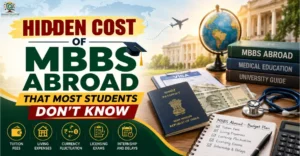 Hidden Cost of MBBS Abroad That Most Students Don't Know banner featuring MBBS abroad financial planning, passport, visa documents, tuition fees, living expenses, and medical education essentials.