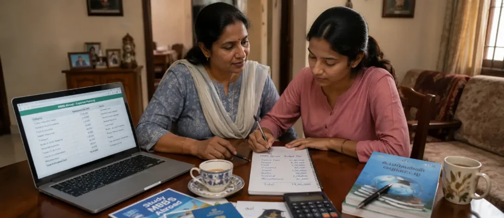 Hidden Cost of MBBS Abroad budget planning with an Indian mother and student daughter calculating tuition fees, living expenses, and financial planning before studying medicine abroad.