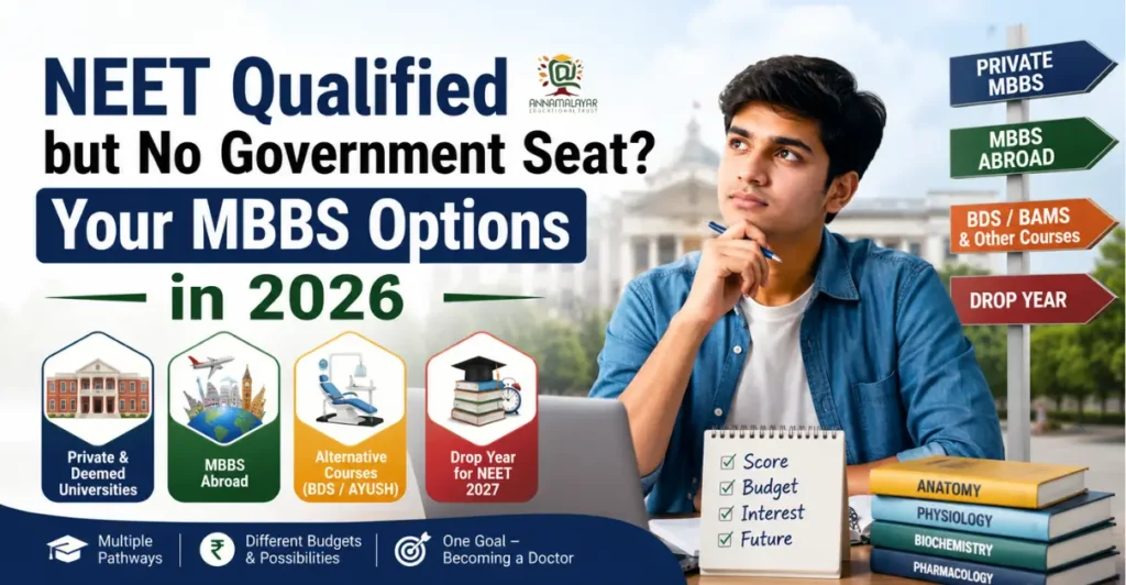 MBBS Options After NEET banner showing an Indian student exploring private MBBS, MBBS abroad, alternative medical courses, and drop year options after not getting a government seat in 2026.