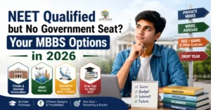 MBBS Options After NEET banner showing an Indian student exploring private MBBS, MBBS abroad, alternative medical courses, and drop year options after not getting a government seat in 2026.