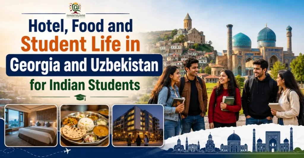 Hotel, Food and Student Life in Georgia and Uzbekistan for Indian Students banner showcasing modern student hostels, Indian food, campus life, and cultural experiences for MBBS students.