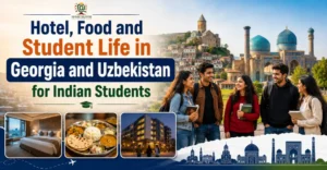 Hotel, Food and Student Life in Georgia and Uzbekistan for Indian Students banner showcasing modern student hostels, Indian food, campus life, and cultural experiences for MBBS students.