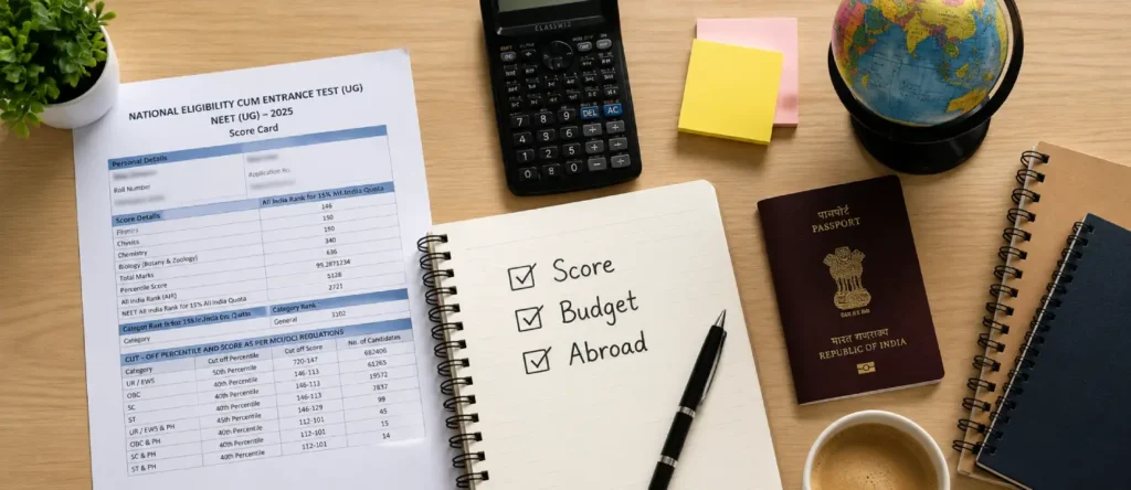 Study desk with a NEET scorecard, passport, globe, calculator, and budget checklist representing MBBS Options After NEET.