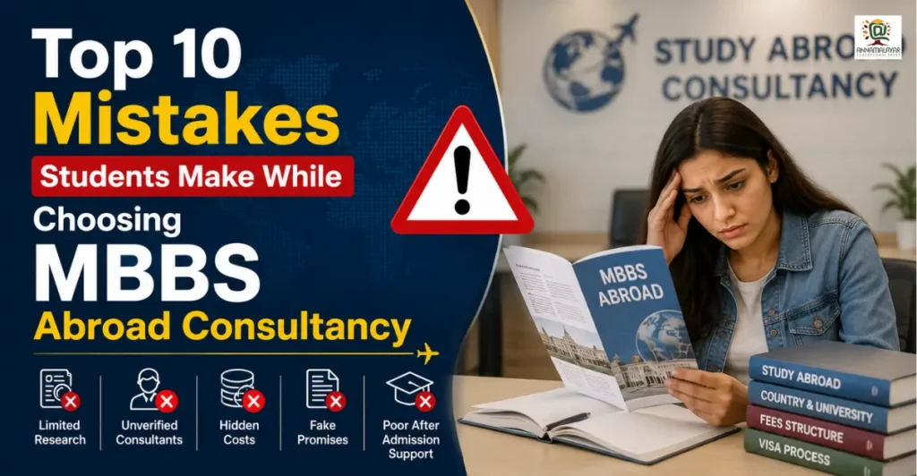 Top 10 mistakes students make while choosing an MBBS abroad consultancy, featuring a confused Indian student reviewing study abroad documents with warning signs.