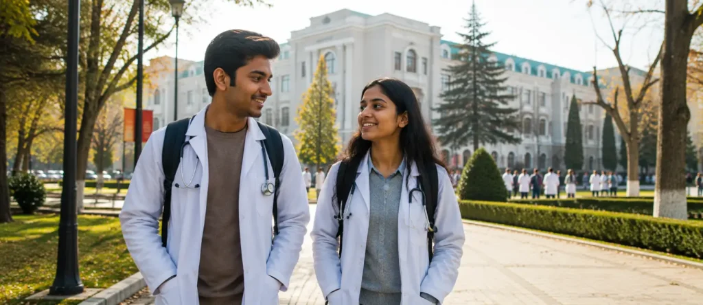 Indian medical students on campus after securing an education loan for MBBS in Georgia and Uzbekistan